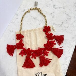 J. Crew Red Beaded Tassel Statement Necklace G3632 NWT